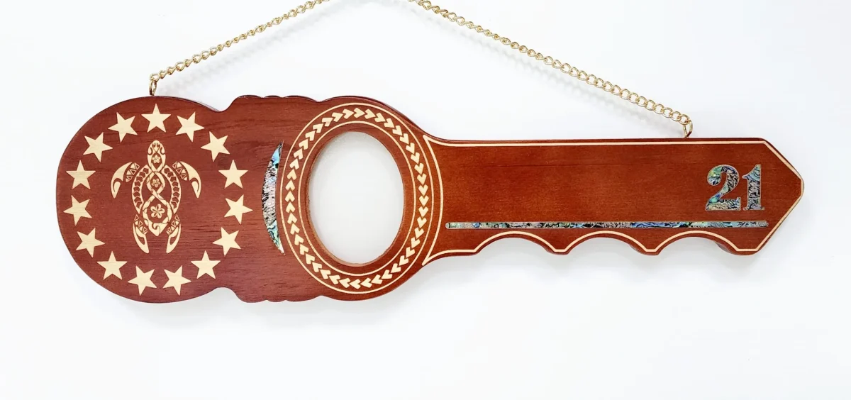 21st Island Design Wooden Key with Laser Engraved Patterns & 15 Stars with Turtle and Paua Shell Inlay - SJ2440