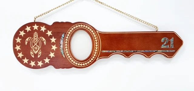 21st Island Design Wooden Key with Laser Engraved Patterns & 15 Stars with Turtle and Paua Shell Inlay - SJ2440