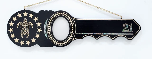 21st Island Design Wooden Key with Laser Engraved Patterns & 15 Stars with Turtle and Paua Shell Inlay - SJ2441