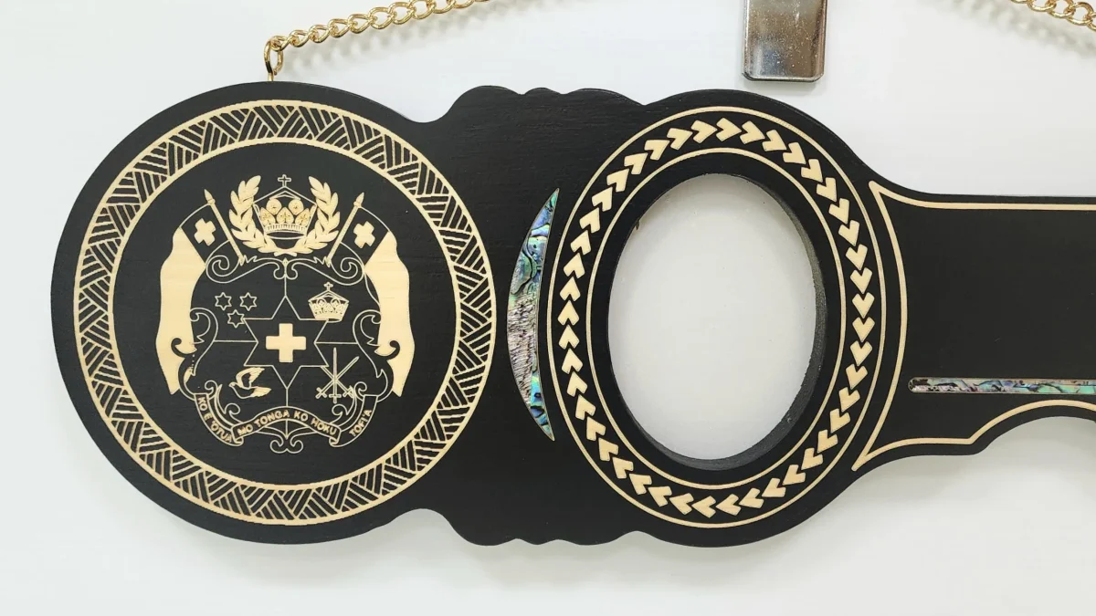 21st Island Design Wooden Key with Laser Engraved Patterns & Tongan Sila with Paua Shell Inlay - SJ2433