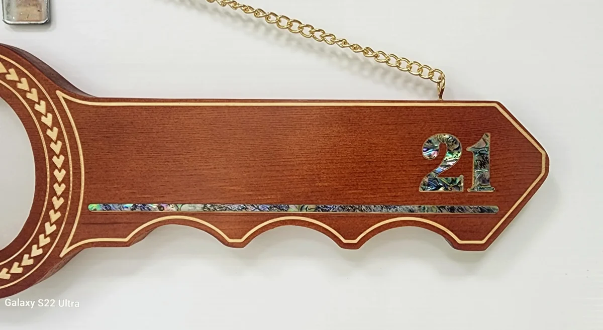 21st Island Design Wooden Key with Laser Engraved Patterns & Turtle with Paua Shell Inlay - SJ2430