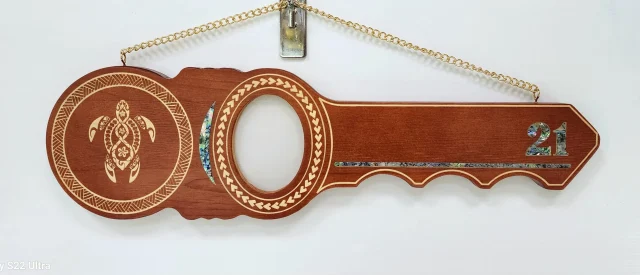 21st Island Design Wooden Key with Laser Engraved Patterns & Turtle with Paua Shell Inlay - SJ2430
