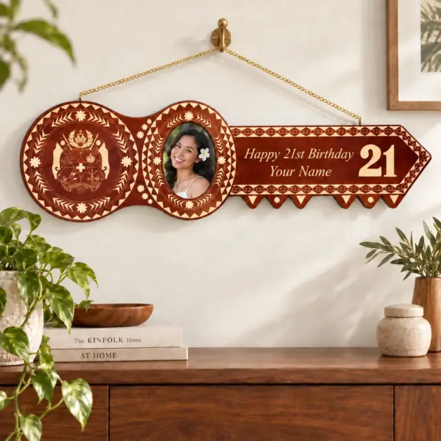 21st Island Design Wooden Key with Laser Engraved Patterns, Tongan Sila with 21 – Design SJ2473