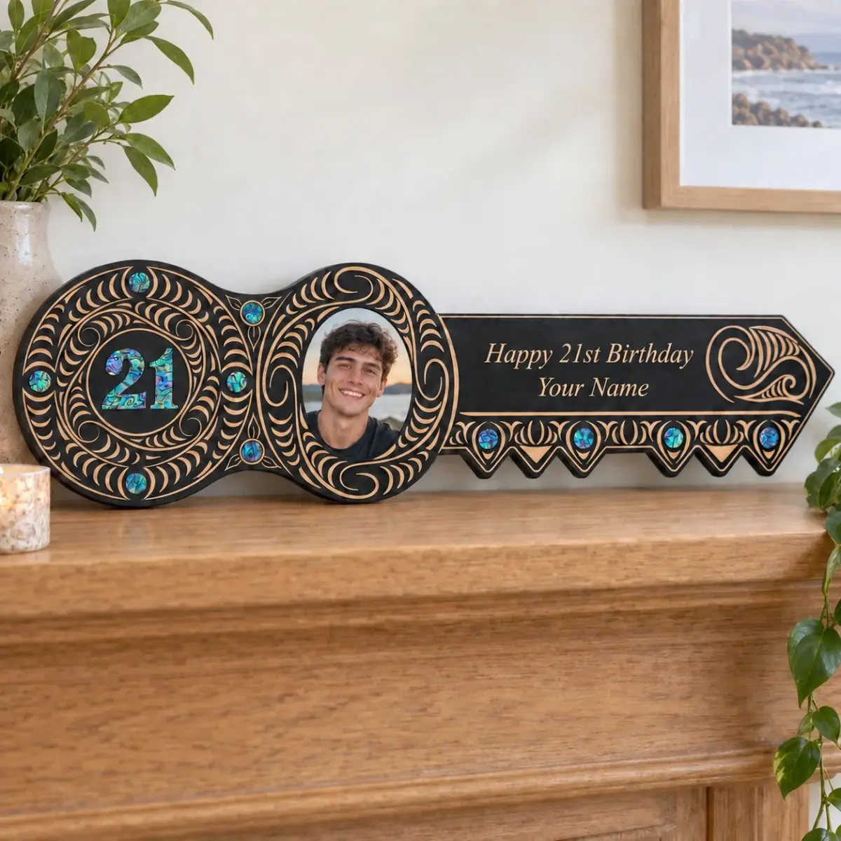 21st Maori Design Key with Laser Engraved Patterns & 21 Round Paua Shell Inlay - Design 2146