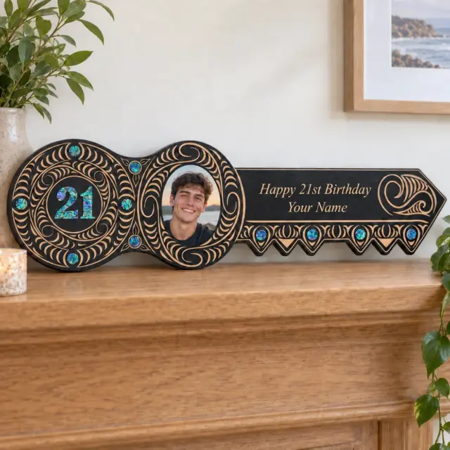 21st Maori Design Key with Laser Engraved Patterns & 21 Round Paua Shell Inlay - Design 2146