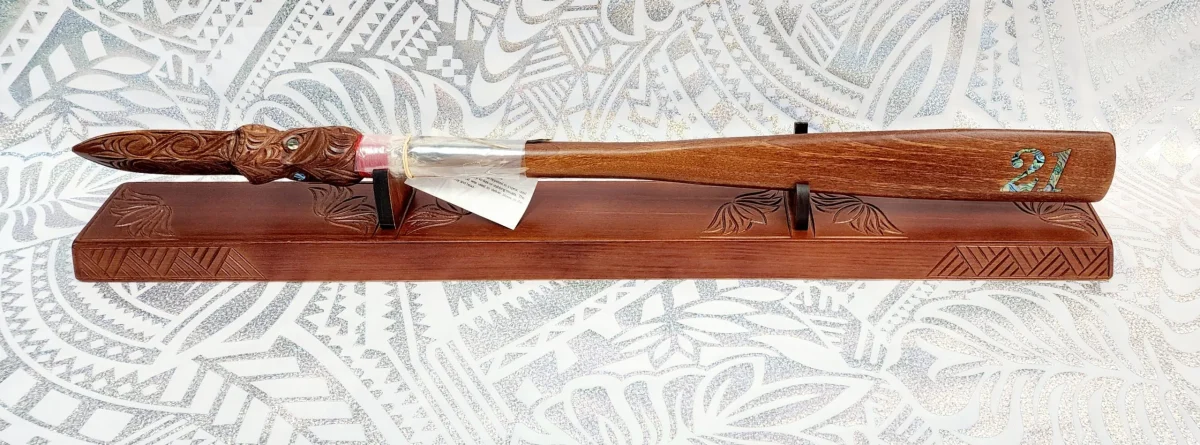 21st Taiaha on Stand with Carved Maori & Island Patterns with 21 Paua Inlay