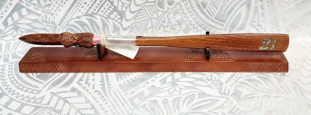21st Taiaha on Stand with Carved Maori & Island Patterns with 21 Paua Inlay