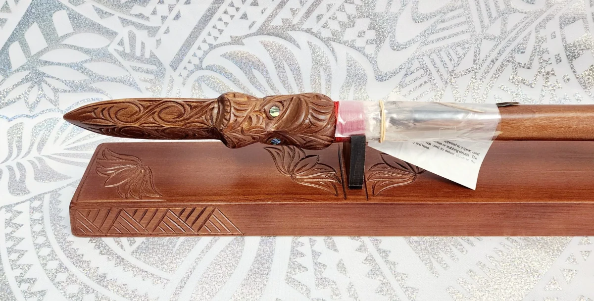 21st Taiaha on Stand with Carved Maori & Island Patterns with 21 Paua Inlay