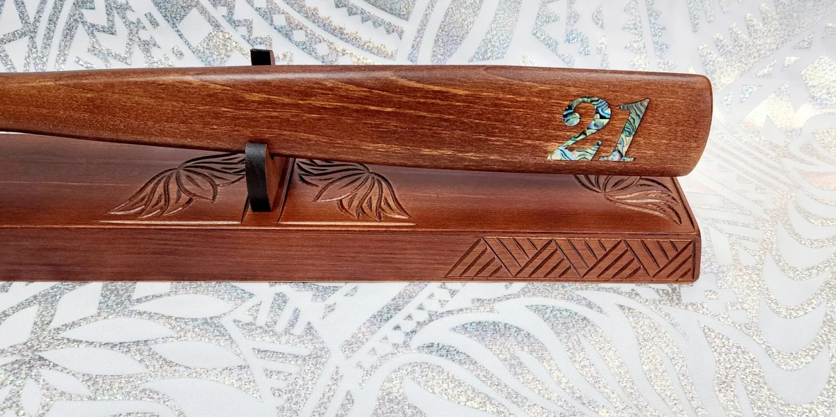 21st Taiaha on Stand with Carved Maori & Island Patterns with 21 Paua Inlay