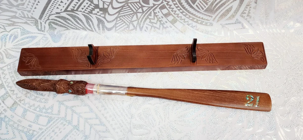 21st Taiaha on Stand with Carved Maori & Island Patterns with 21 Paua Inlay