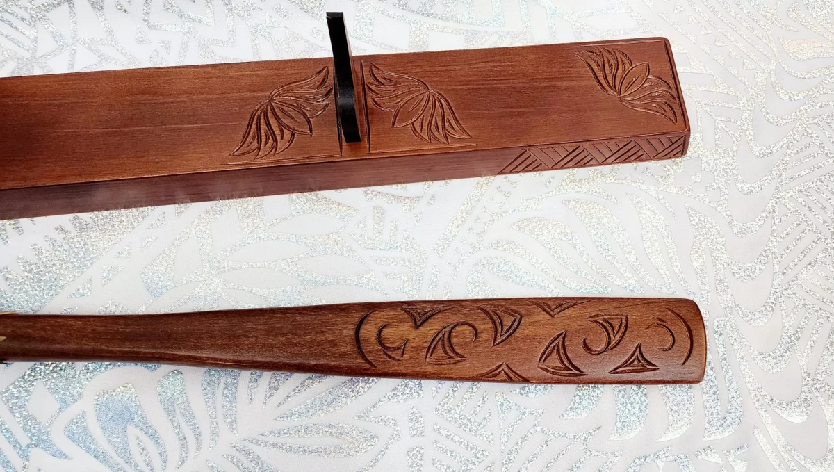 21st Taiaha on Stand with Carved Maori & Island Patterns with 21 Paua Inlay