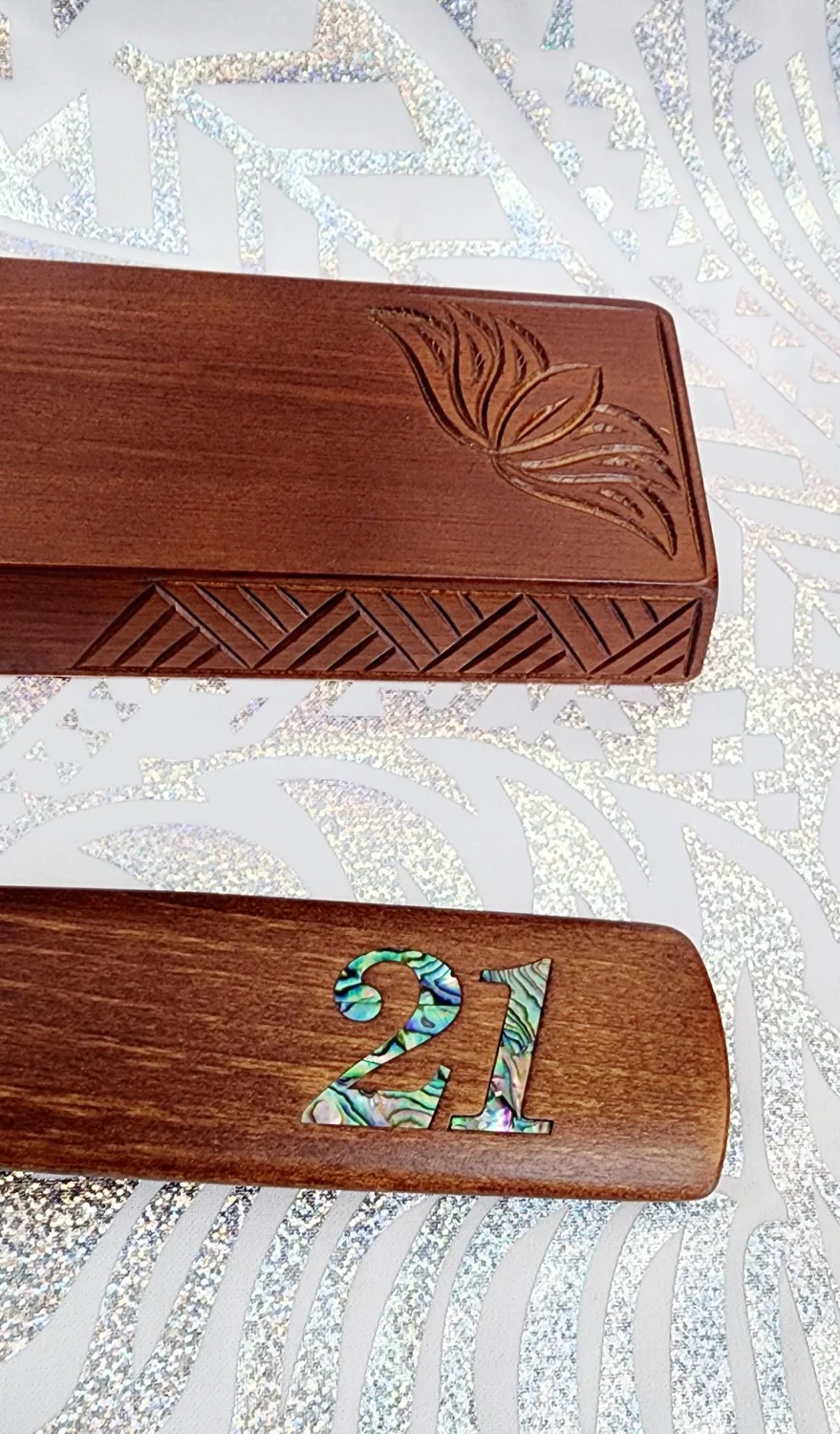 21st Taiaha on Stand with Carved Maori & Island Patterns with 21 Paua Inlay
