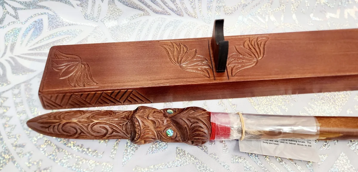 21st Taiaha on Stand with Carved Maori & Island Patterns with 21 Paua Inlay