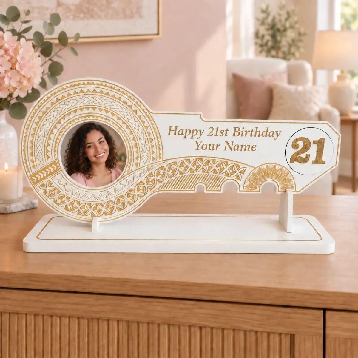 21st White Colour Painted Key with Laser Engraved Island Patterns On The Key and Printed Gold Glitter Disk Insert "21" and Matching Laser Engraved Stand