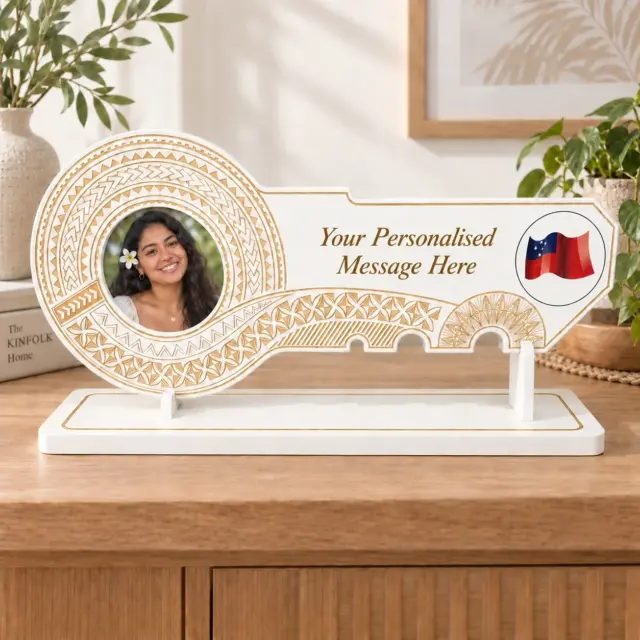 21st White Colour Painted Key with Laser Engraved Island Patterns On The Key and Printed Samoan Flag Disk Insert and Matching Laser Engraved Stand