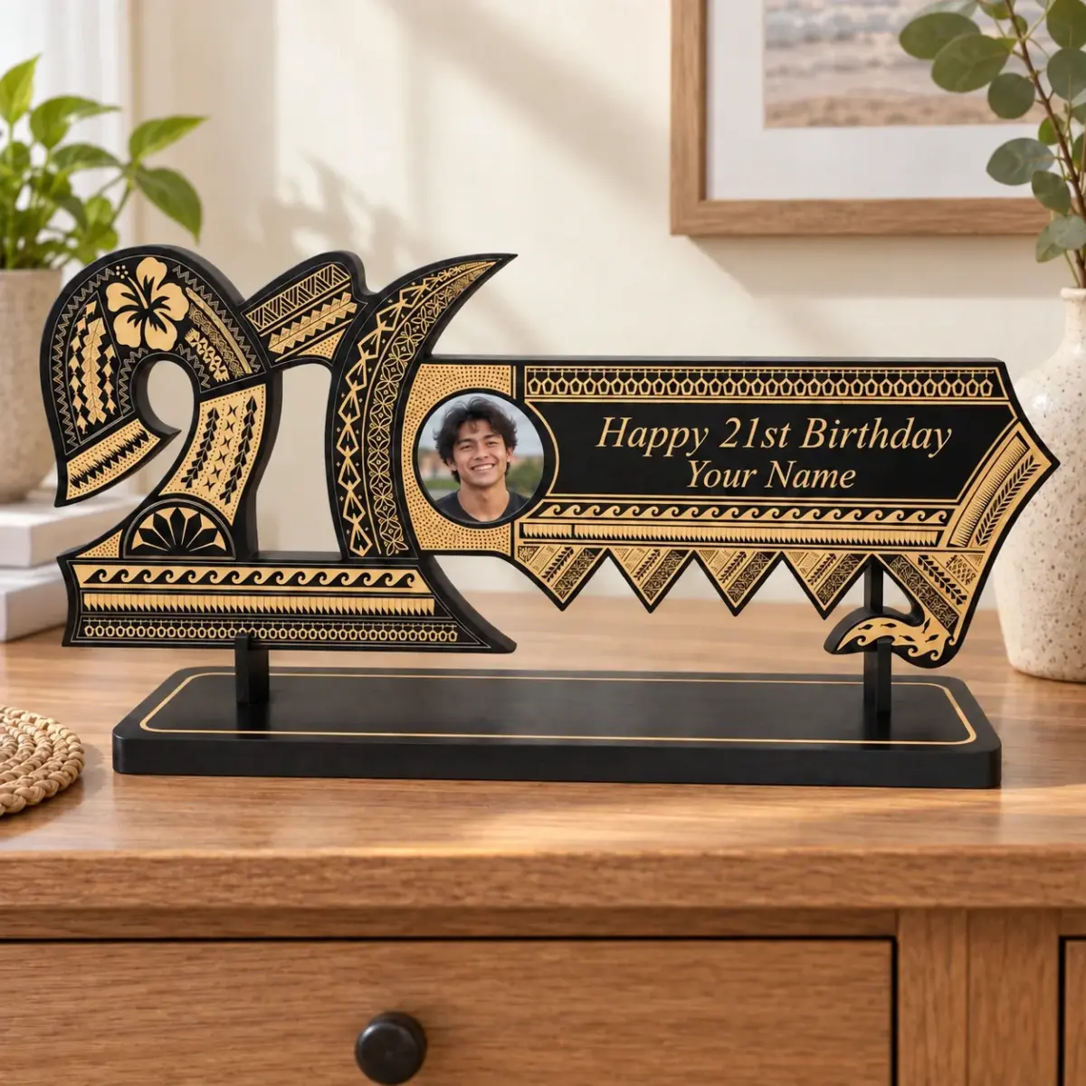 21st Wooden Key Black Shade Island Design On Stand With Hibiscus Flower