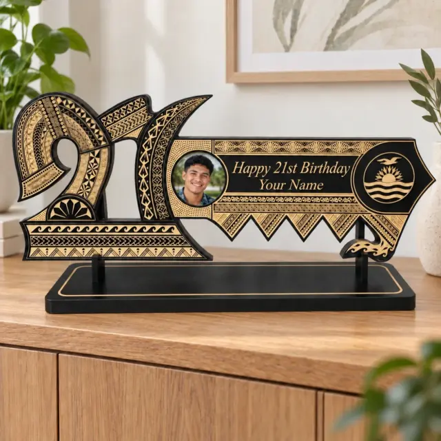 21st Wooden Key Black Shade Island Design On Stand With Kiribati Flag