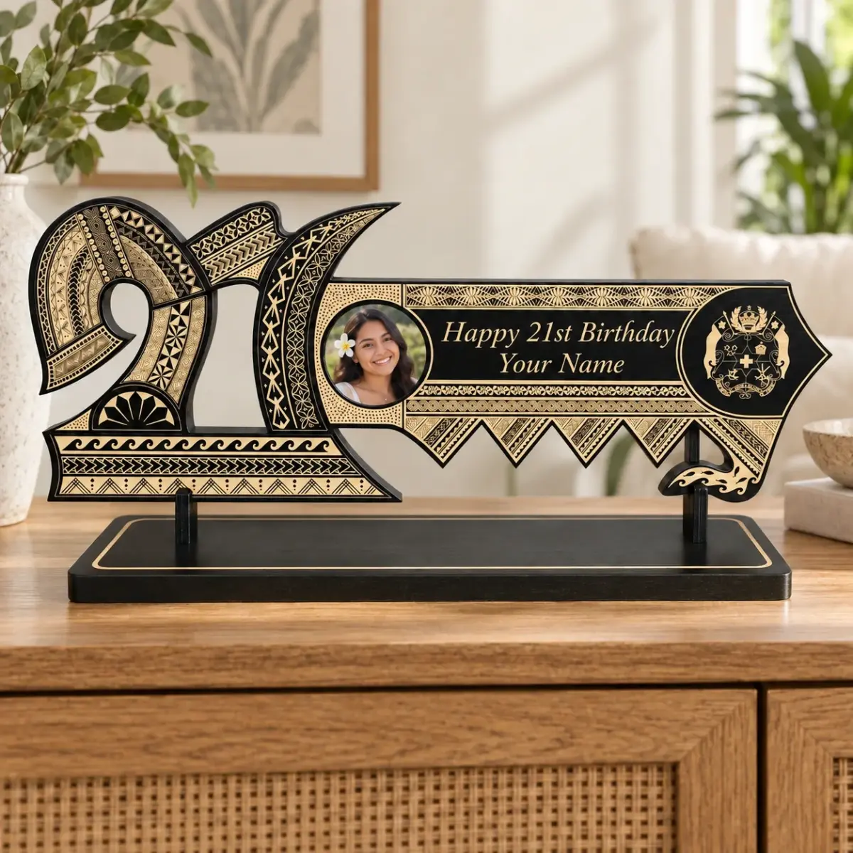 21st Wooden Key Black Shade Island Design On Stand With Tongan Sila