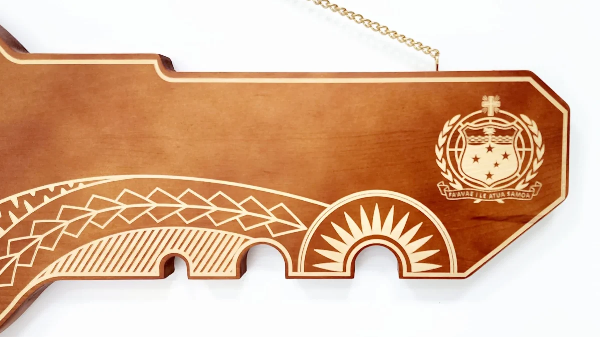 21st Wooden Key Brown Shade Island Design Key with Laser Engraved Patterns & Samoan Sila  - SJ2151