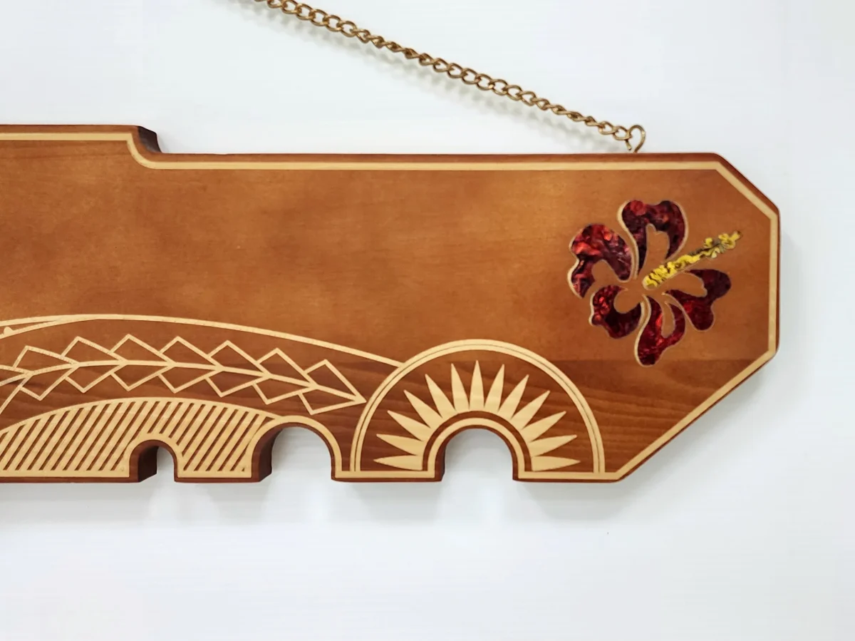 21st Wooden Key Brown Shade Island Design Key with Laser Engraved Patterns & Coloured Paua Shell Hibiscus Flower Inlay - SJ2155