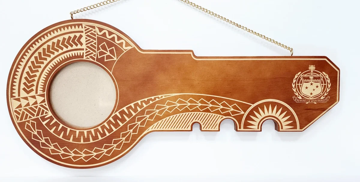 21st Wooden Key Brown Shade Island Design Key with Laser Engraved Patterns & Samoan Sila  - SJ2151