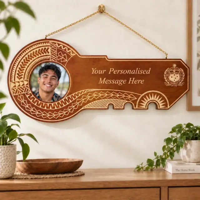 21st Wooden Key Brown Shade Island Design Key with Laser Engraved Patterns & Samoan Sila  - SJ2151