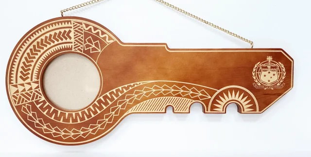 21st Wooden Key Brown Shade Island Design Key with Laser Engraved Patterns & Samoan Sila  - SJ2151