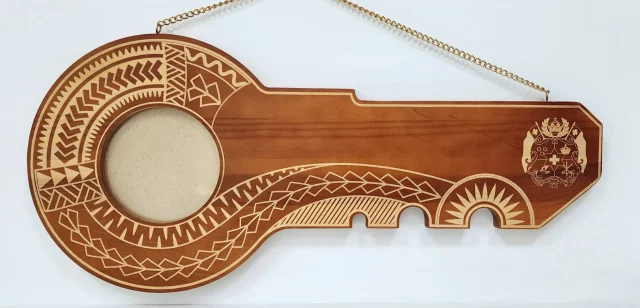 21st Wooden Key Brown Shade Island Design Key with Laser Engraved Patterns & Tongan Sila  - SJ2152