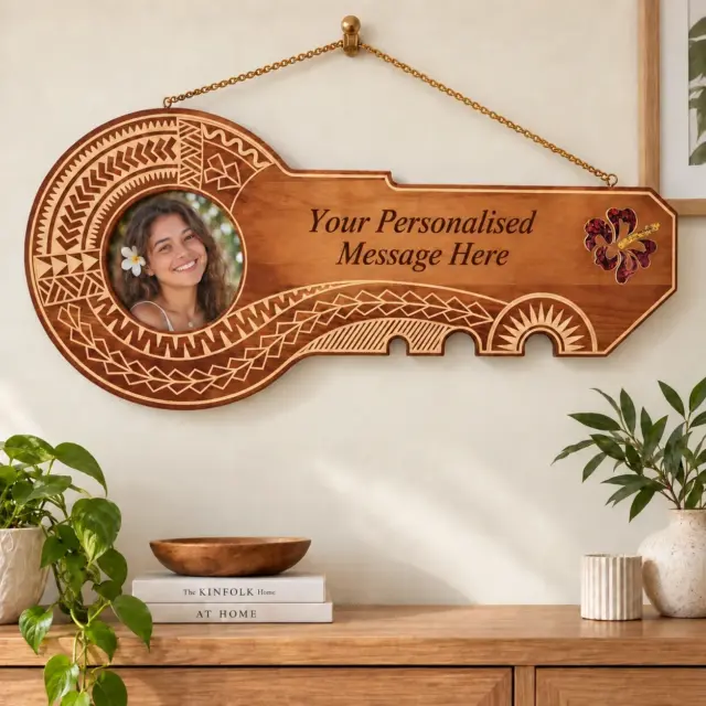 21st Wooden Key Brown Shade Island Design Key with Laser Engraved Patterns & Coloured Paua Shell Hibiscus Flower Inlay - SJ2155