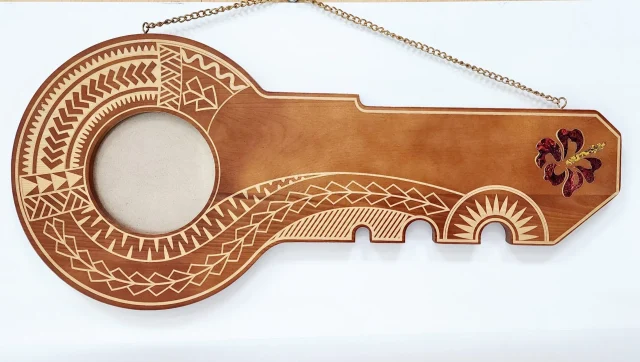 21st Wooden Key Brown Shade Island Design Key with Laser Engraved Patterns & Coloured Paua Shell Hibiscus Flower Inlay - SJ2155