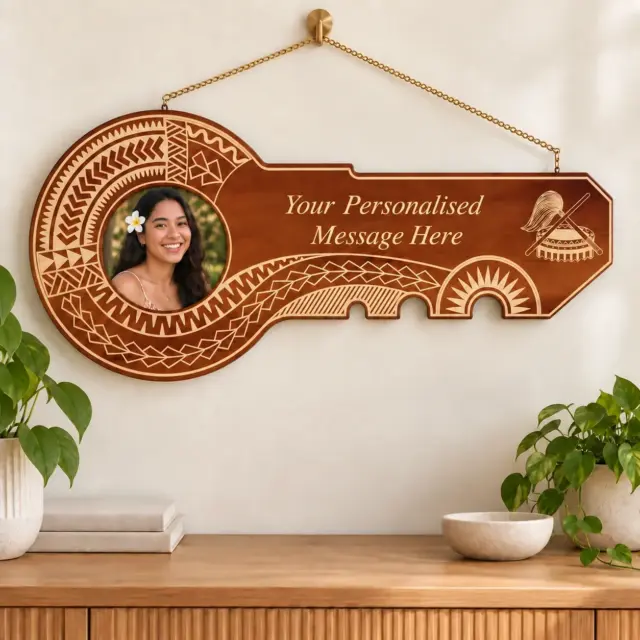 21st Wooden Key Brown Shade Island Design Key with Laser Engraved Patterns & Samoan Tanoa & Fue  - SJ2156