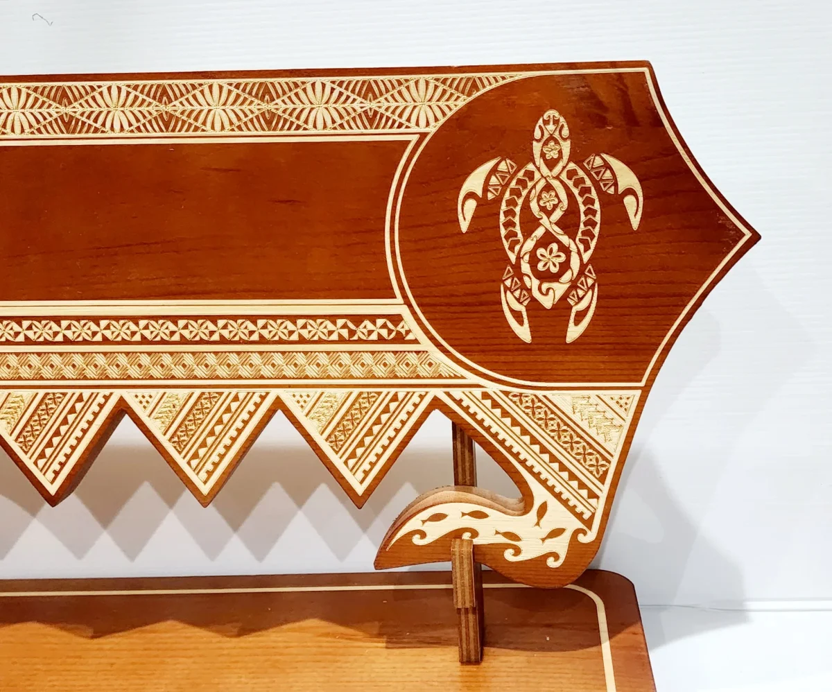 21st Wooden Key Brown Shade Island Design On Stand With Polynesian Tattoo Design Hui Turtle Triple Twist