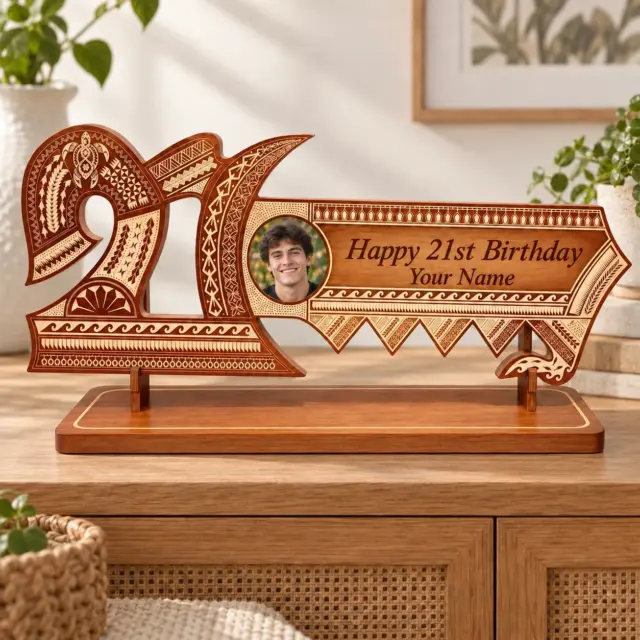 21st Wooden Key Brown Shade Island Design On Stand With Polynesian Tattoo Design Hui Turtle Triple Twist