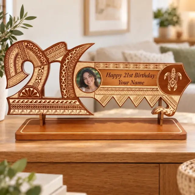 21st Wooden Key Brown Shade Island Design On Stand With Polynesian Tattoo Design Hui Turtle Triple Twist