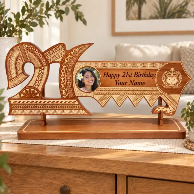 21st Wooden Key Brown Shade Island Design On Stand With Samoan Sila
