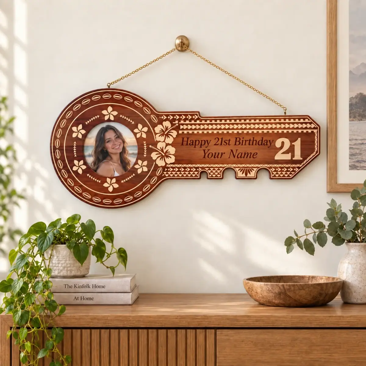 21st Wooden Key Brown Shade Island Design With Polynesian Design and Hibiscus Flower - Design SJ2485