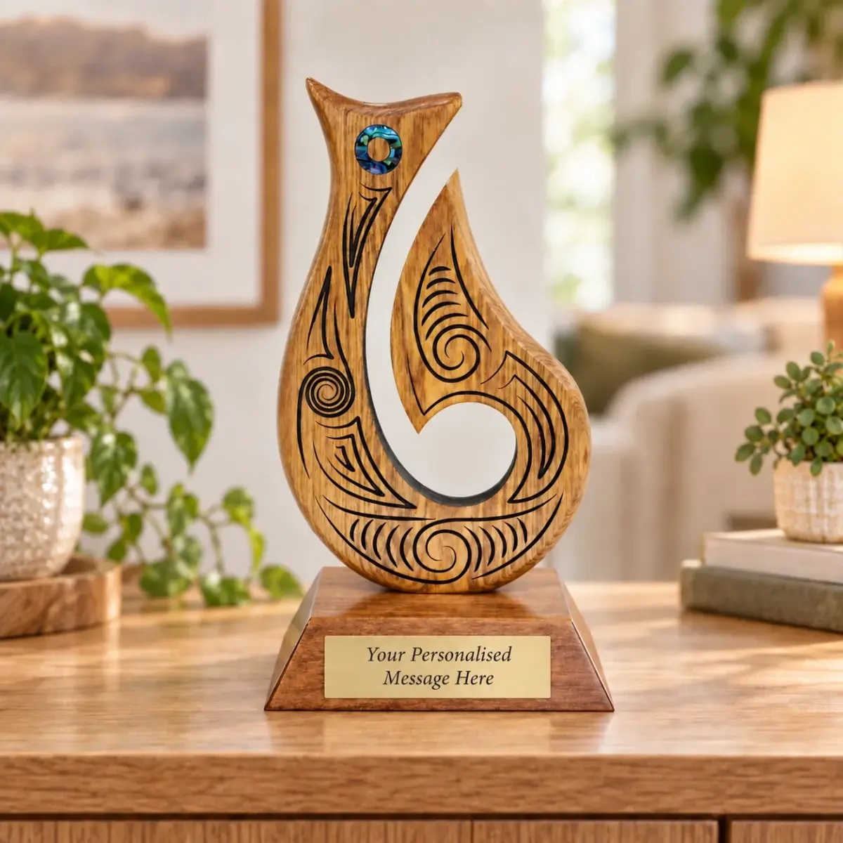 260mm Māori Matau (Fish Hook) Carving – Handcrafted Pacific Rimu Wood Award - MD051