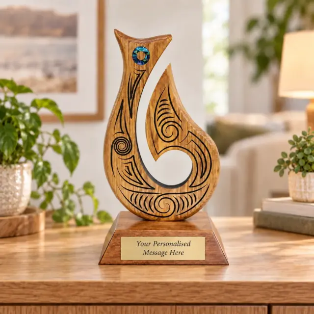 260mm Māori Matau (Fish Hook) Carving – Handcrafted Pacific Rimu Wood Award - MD051