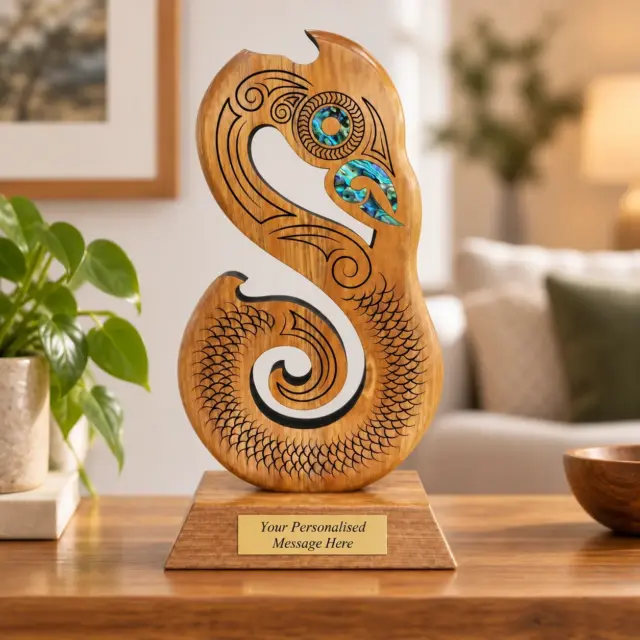 295mm Māori Mania Carving – Handcrafted Pacific Rimu Wood Award - MD044