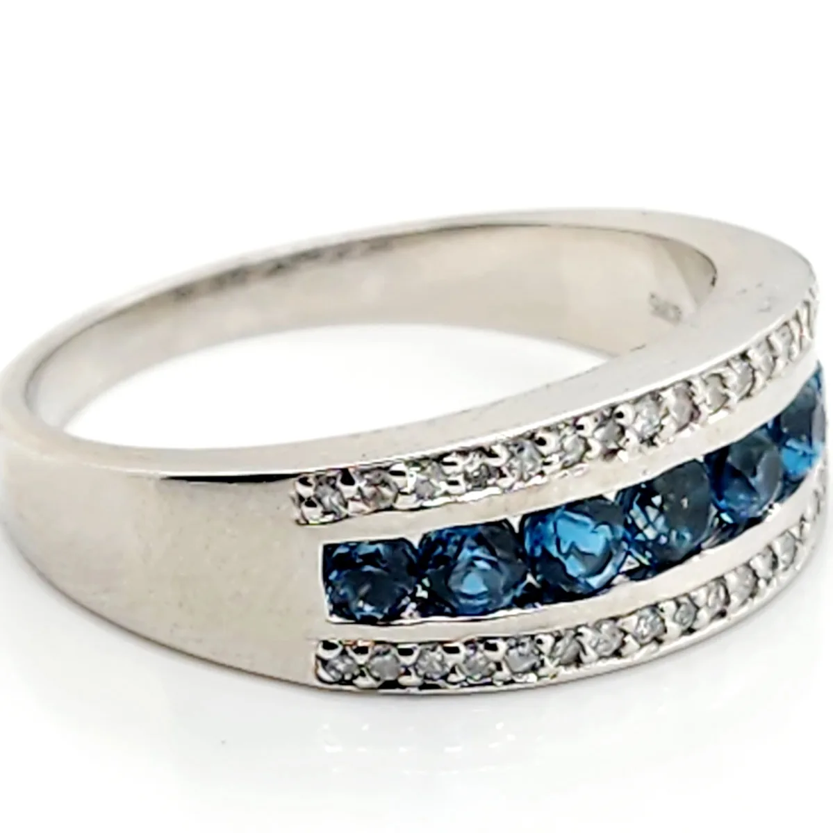 3 Row Ring with Blue Topaz & 0.17 Carat Diamond in 9ct White Gold