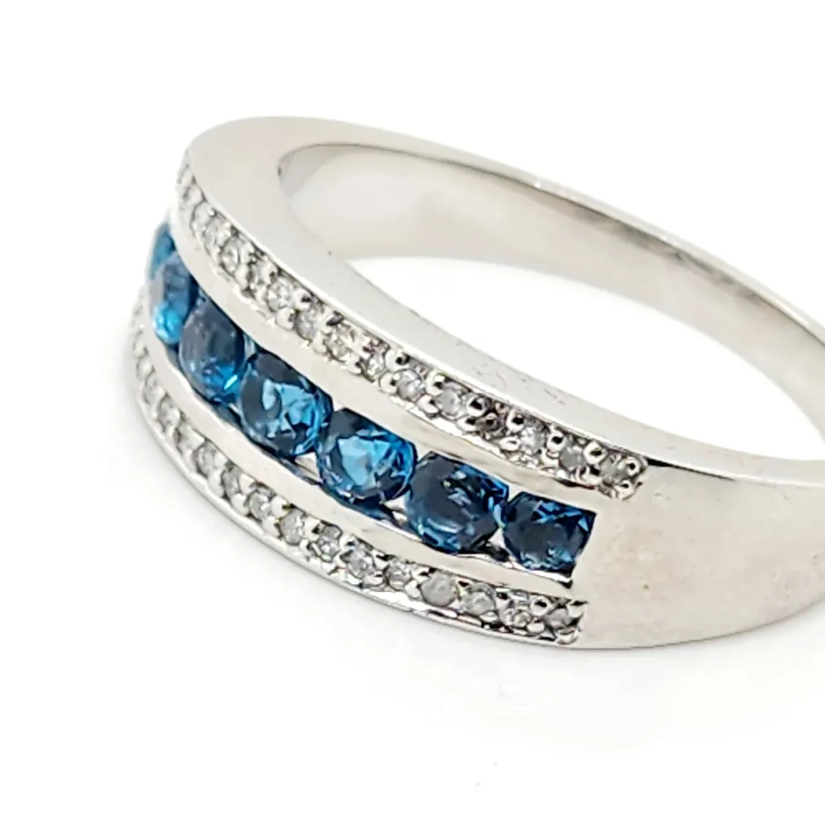 3 Row Ring with Blue Topaz & 0.17 Carat Diamond in 9ct White Gold