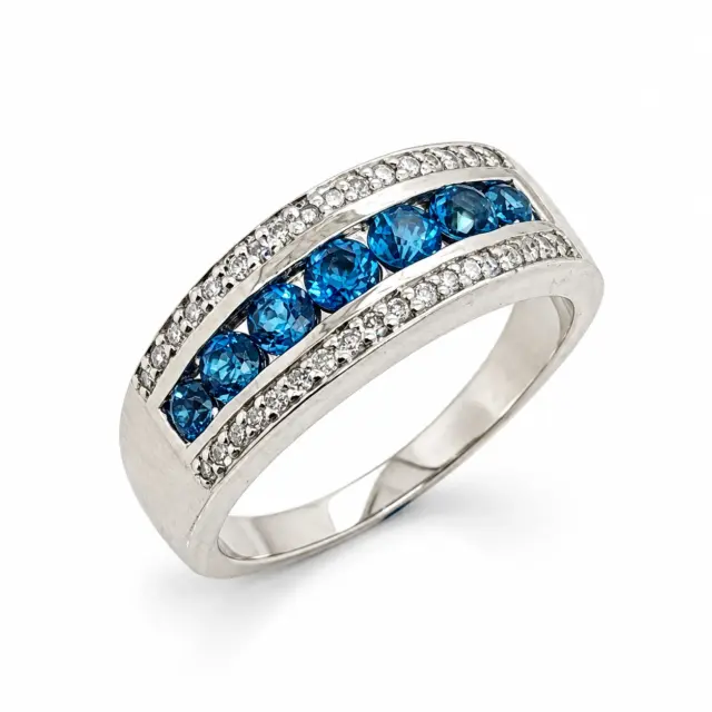 3 Row Ring with Blue Topaz & 0.17 Carat Diamond in 9ct White Gold