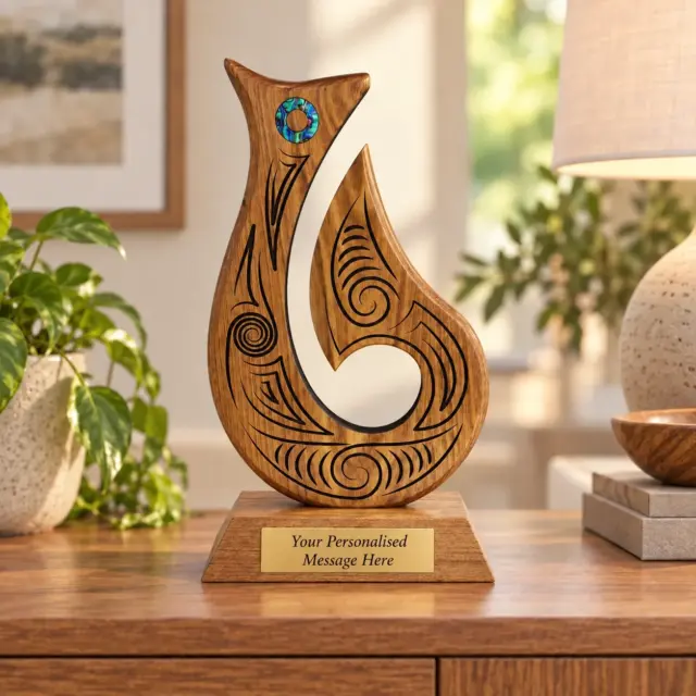 305mm Māori Matau (Fish Hook) Carving – Handcrafted Pacific Rimu Wood Award - MD052