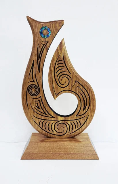 305mm Māori Matau (Fish Hook) Carving – Handcrafted Pacific Rimu Wood Award - MD052
