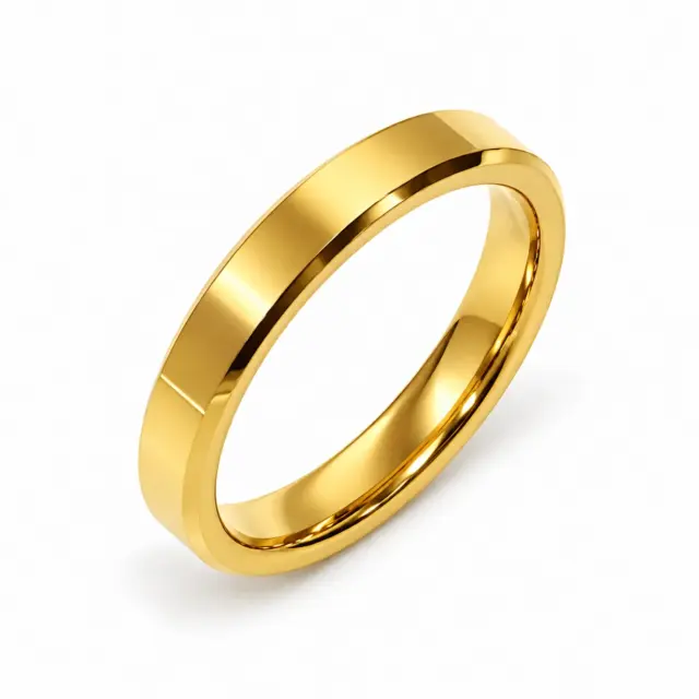 4mm Wide Gold Plated Tungsten Carbide Ring with Beveled Edge & Comfort Fit Band - TC01