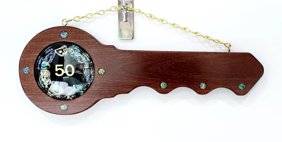50th Wooden Key with "50" Paua Shell Disk Insert