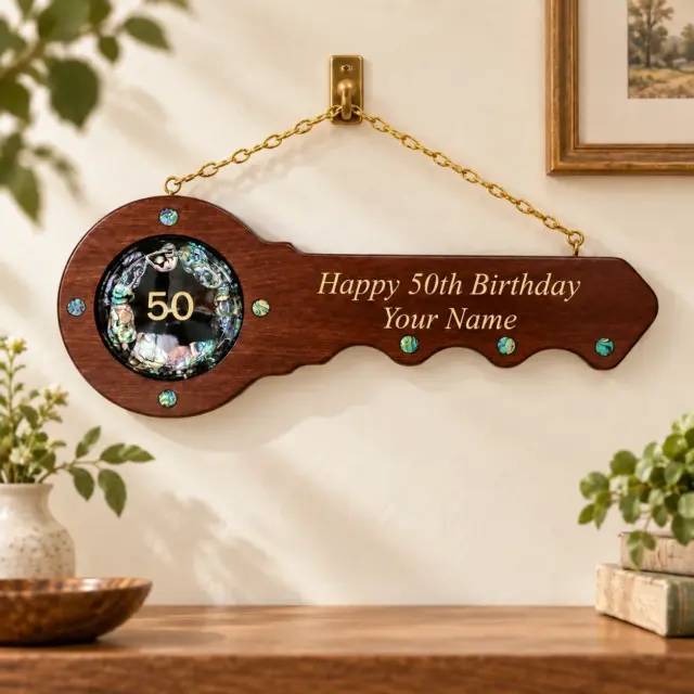 50th Wooden Key with "50" Paua Shell Disk Insert
