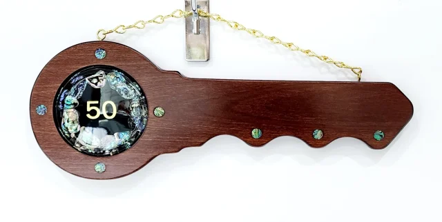 50th Wooden Key with "50" Paua Shell Disk Insert