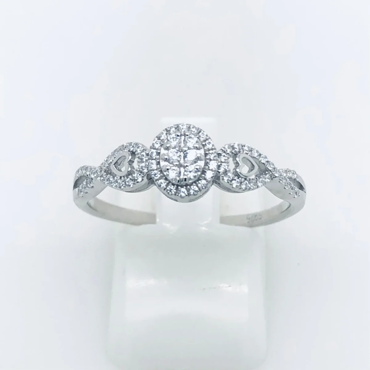 Sterling Silver Cluster Ring With Cubic Zirconia Setting and Crossover Band