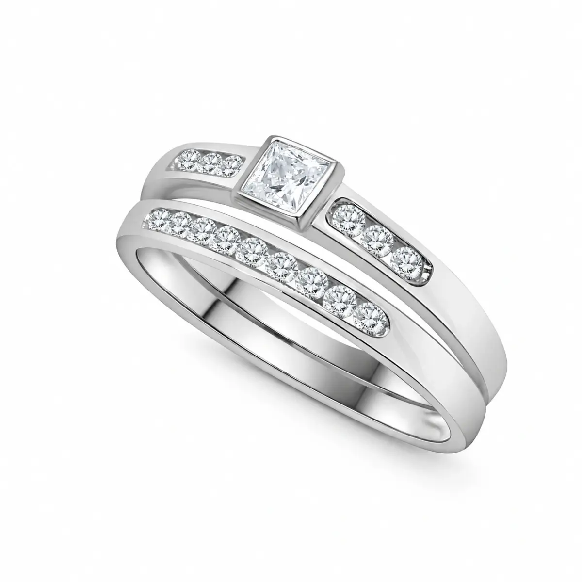 Sterling Silver Ladies 2 Piece Cubic Zirconia Rub-Over Setting Ring